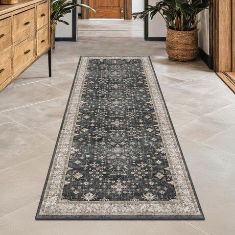Hazo Haus black boho runner in hallway with non-slip backing for secure placement