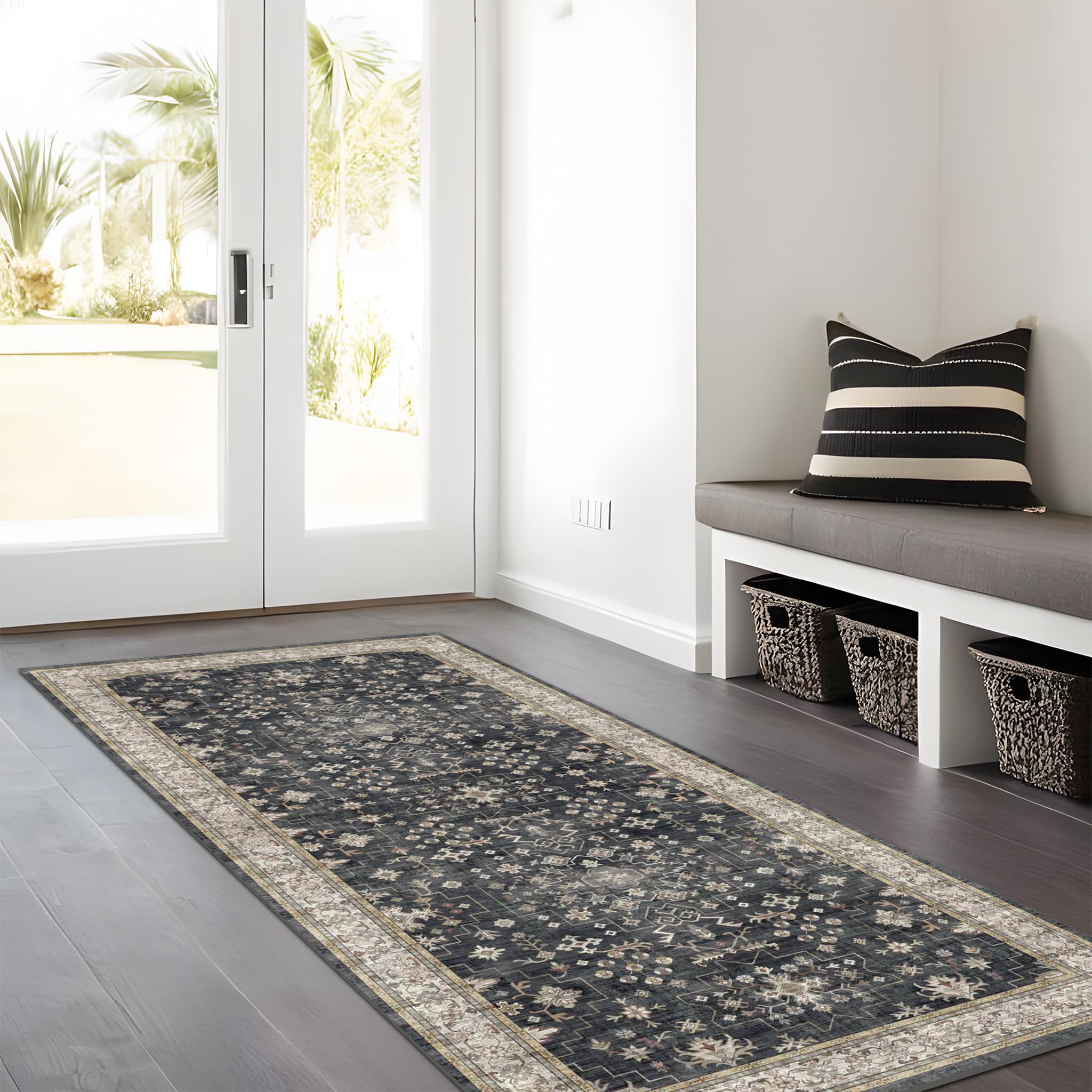 Hazo Haus rug corner view emphasizes non-slip backing for busy entryways.