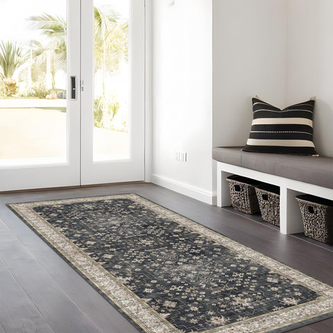 Hazo Haus rug corner view emphasizes non-slip backing for busy entryways.