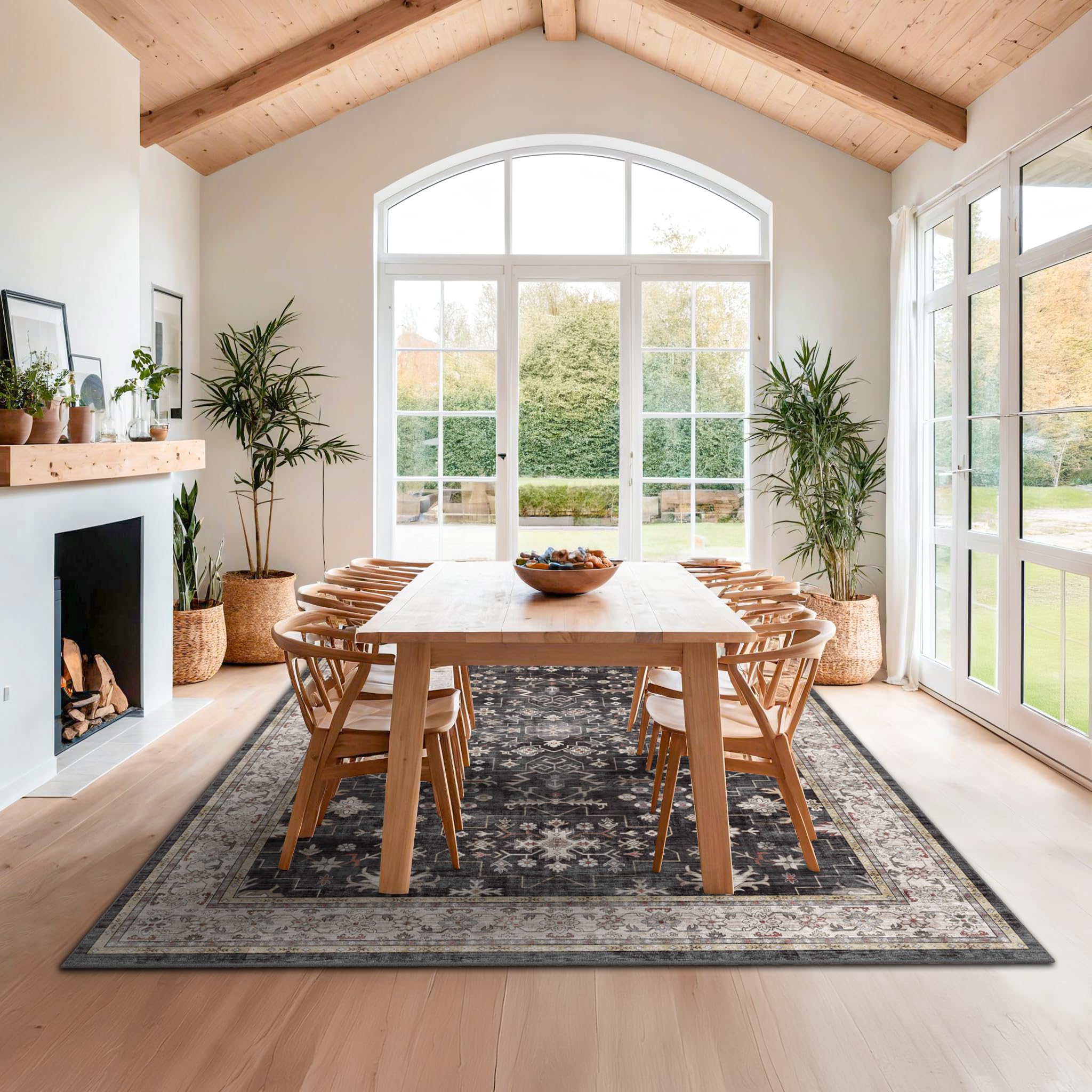 Rug under dining table showing versatile living space.