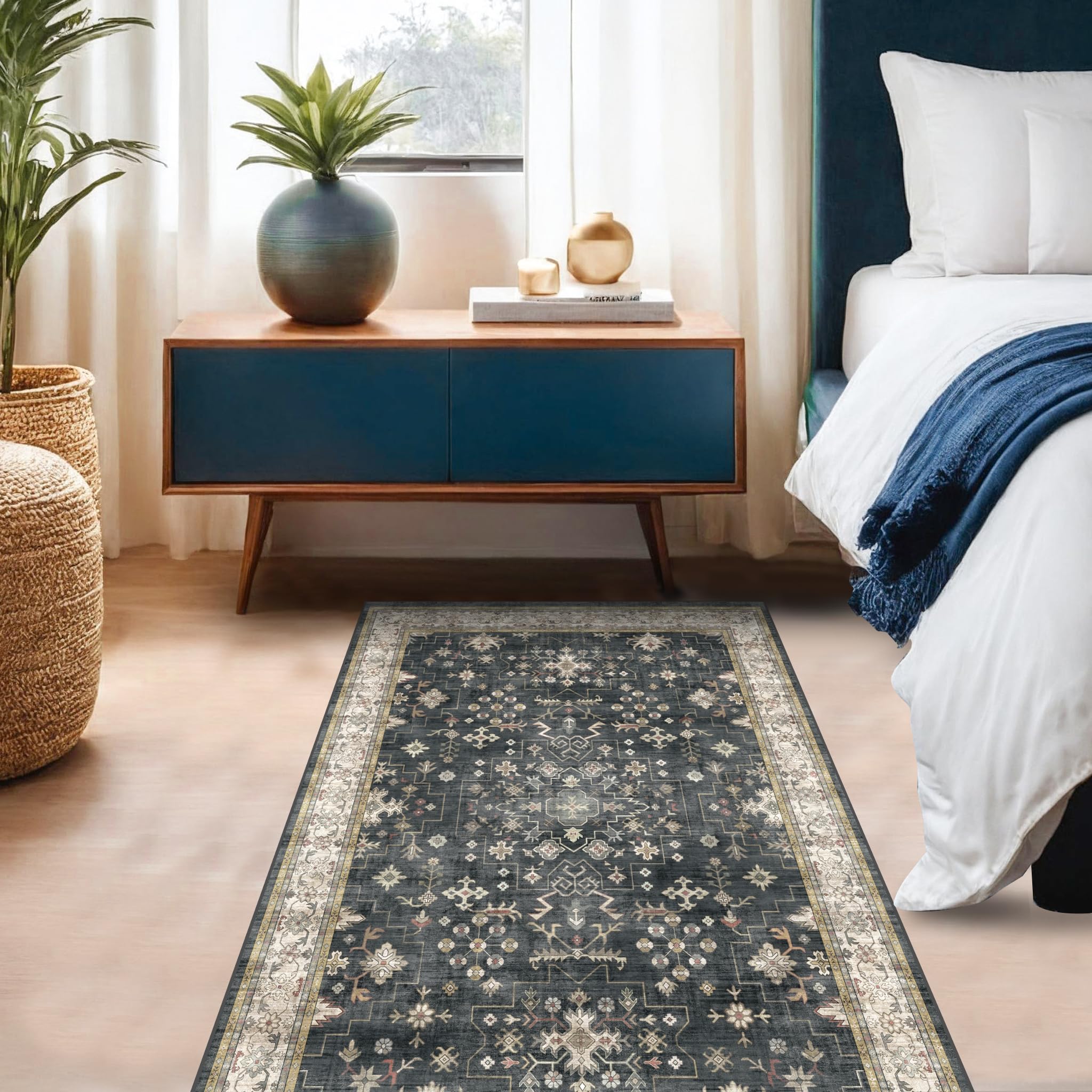 Hazo Haus black multi-color rug blends modern and rustic aesthetics.