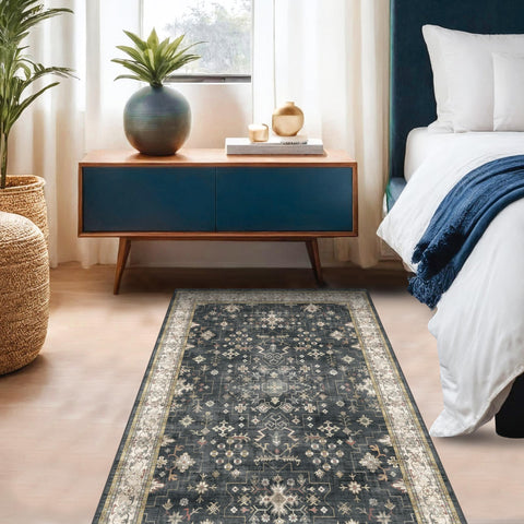 Hazo Haus black multi-color rug blends modern and rustic aesthetics.