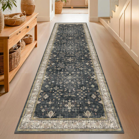 Hazo Haus black washable 10ft runner in hallway, durable and easy to clean.