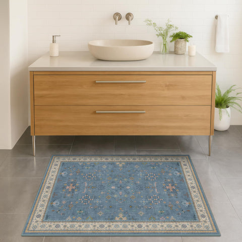 Hazo Haus blue 2x3 rug in a bathroom setting for soft warmth.