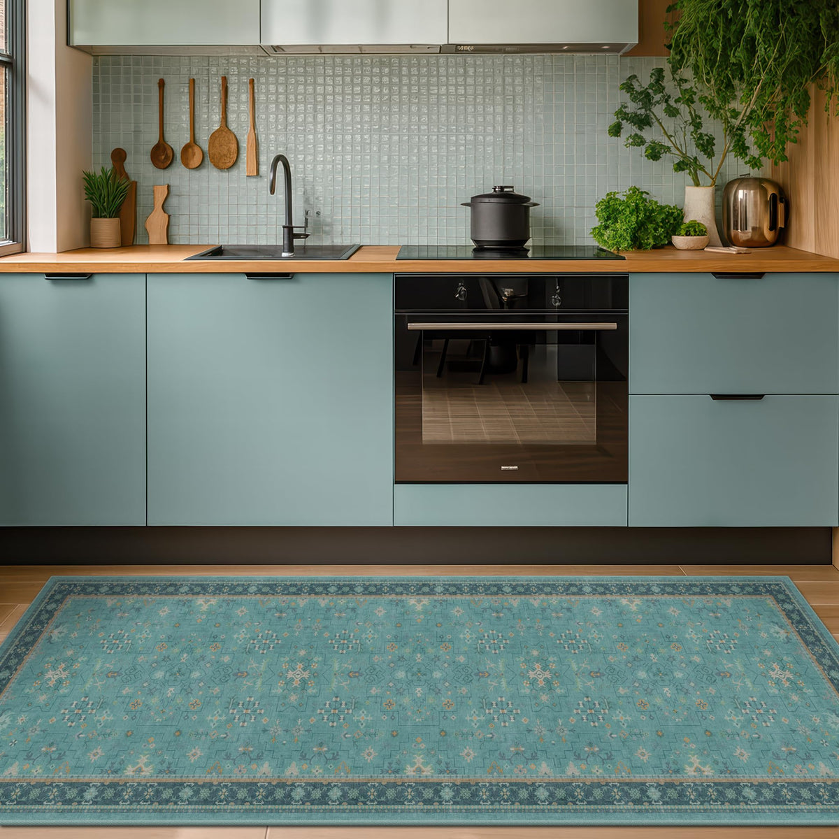 Hazo Haus boho teal runner rug with non-slip backing for entryways.