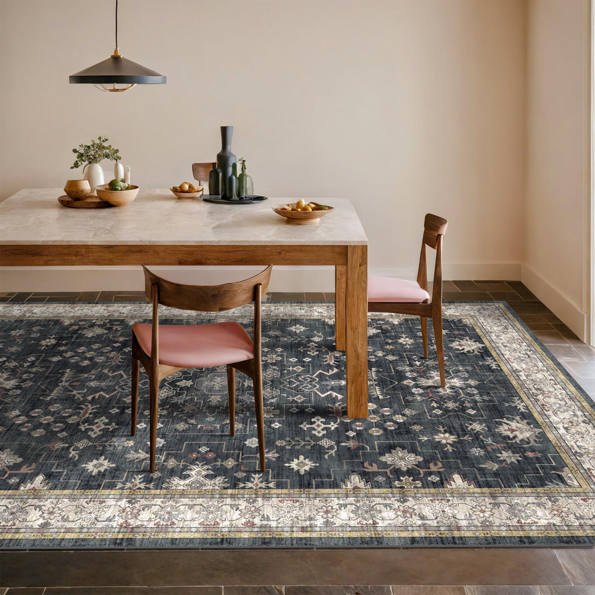 Hazo Haus boho dining rug 6x9 black multi, ideal under dining table.