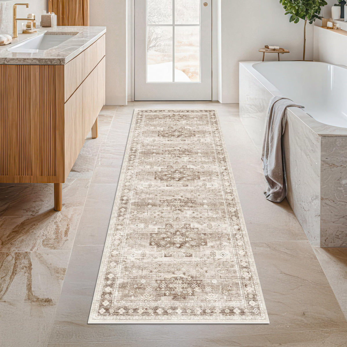 Hazo Haus boho long bathroom runner with non-slip backing for safe hallways.