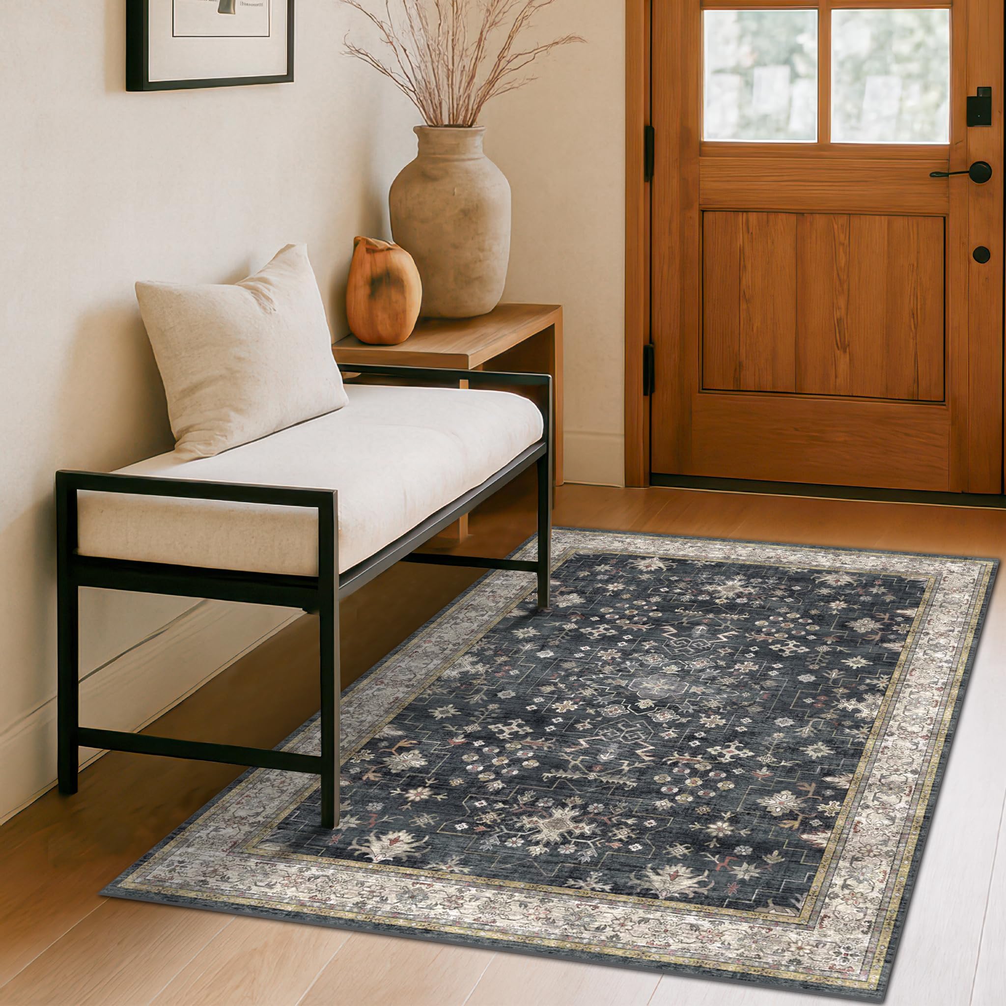 Hazo Haus Boho Washable 4x6 Rug with non-slip backing for secure entryways.