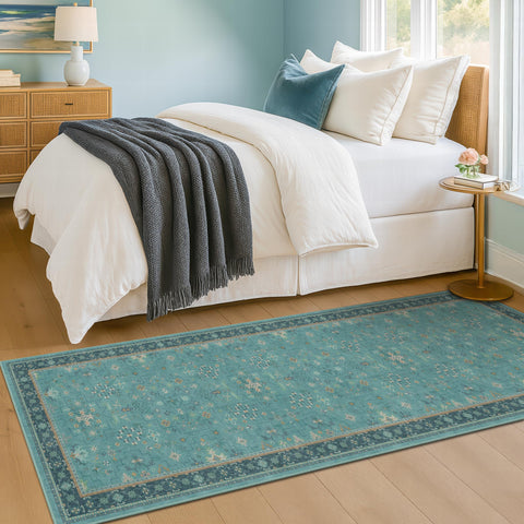 Hazo Haus floral aqua blue runner with navy border accents.