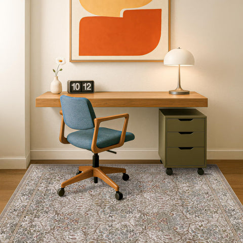 Hazo Haus Botanical Motif Rug for kitchens and entryways in taupe tones.