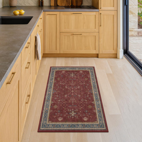Hazo Haus Burgundy 2x4 rug in entryway, low-pile design for easy vacuuming