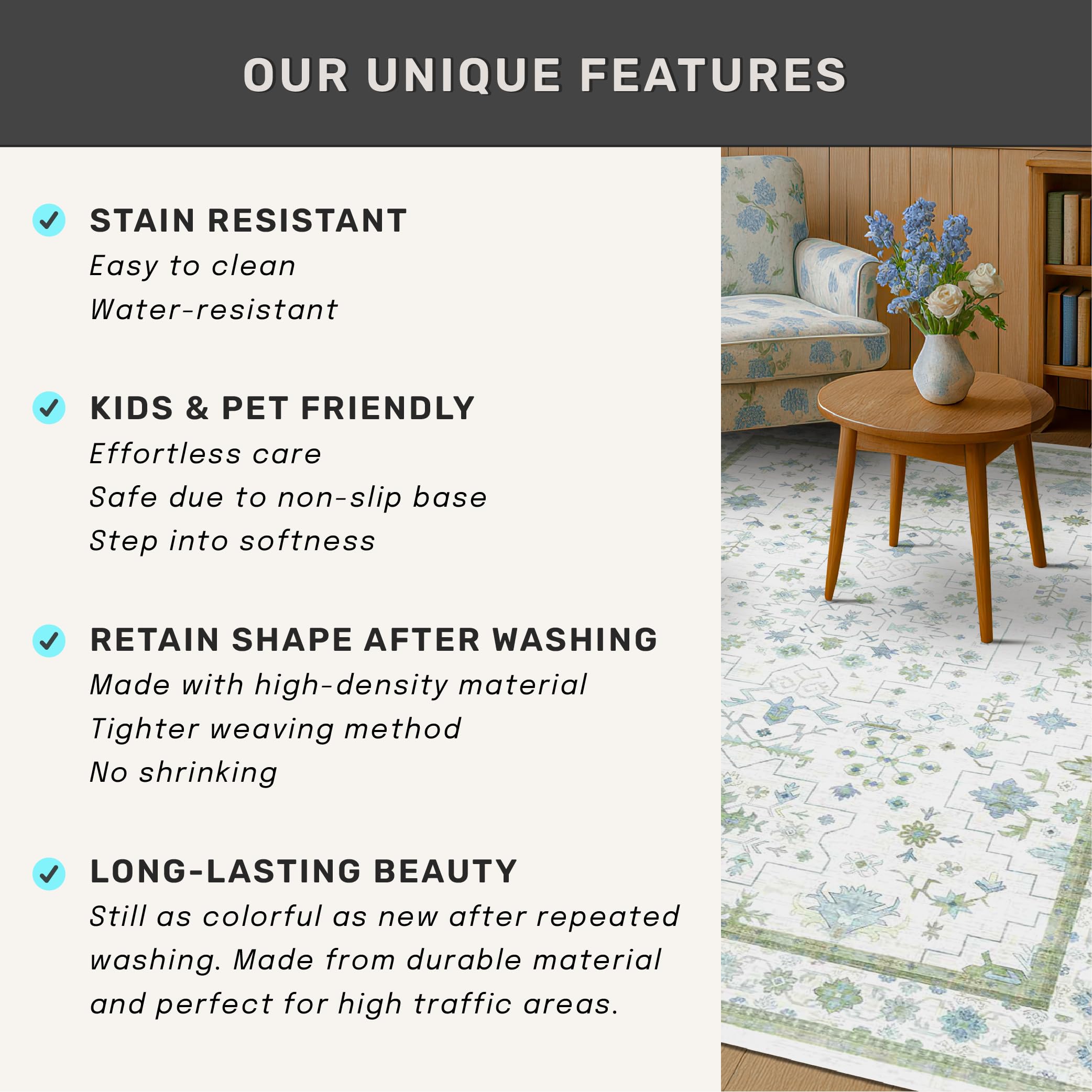 Hazo Haus care-friendly rug designed for quick vacuuming and gentle machine washing