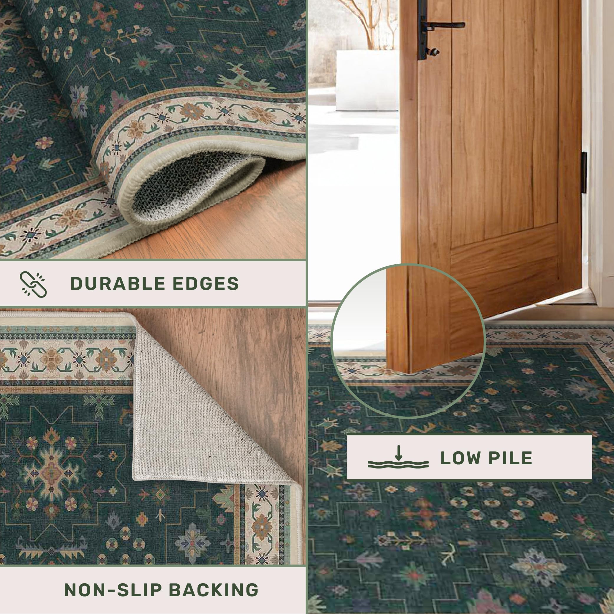 Hazo Haus dark green 2x3 door mat by bathroom entrance emphasizing low-pile design.