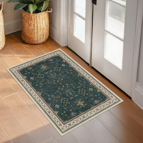 Hazo Haus dark green 2x3 door mat in a bedroom corner adding subtle charm.