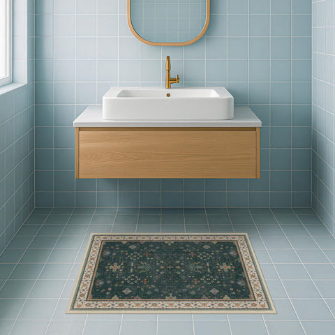 Hazo Haus dark green 2x3 door mat entryway scene highlighting non-slip backing for safety.