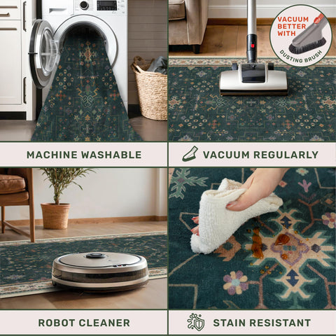 Hazo Haus dark green 2x3 door mat in kitchen scene with easy-care fibers.