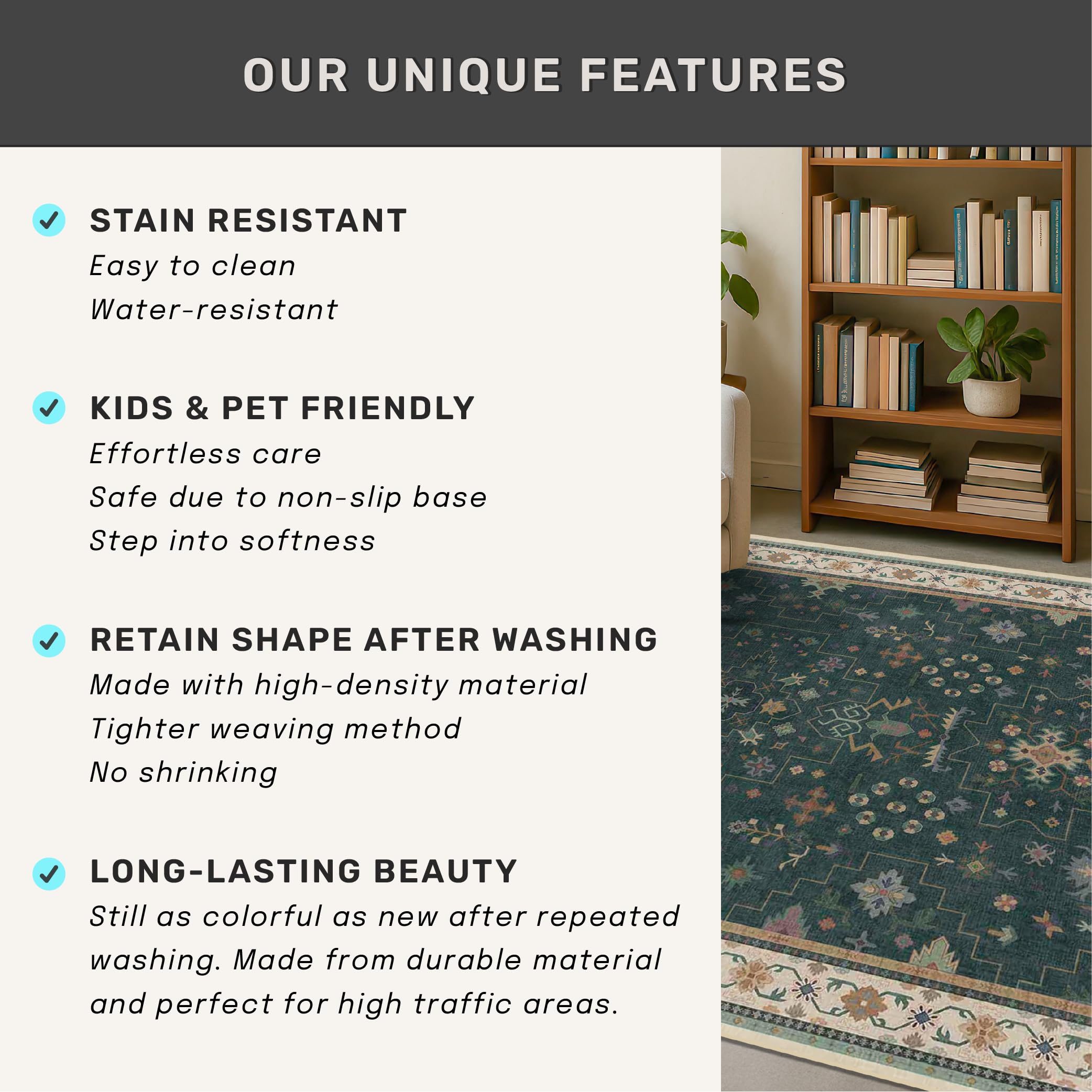 Hazo Haus dark green 2x3 door mat close-up of non-slip rubber backing and pile.