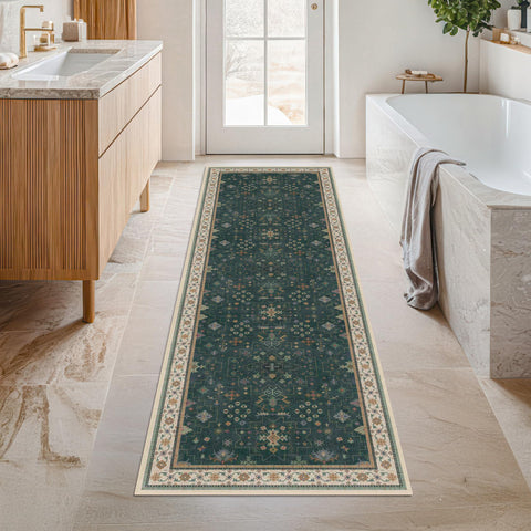 Hazo Haus dark green rug with non-slip backing for secure living spaces.