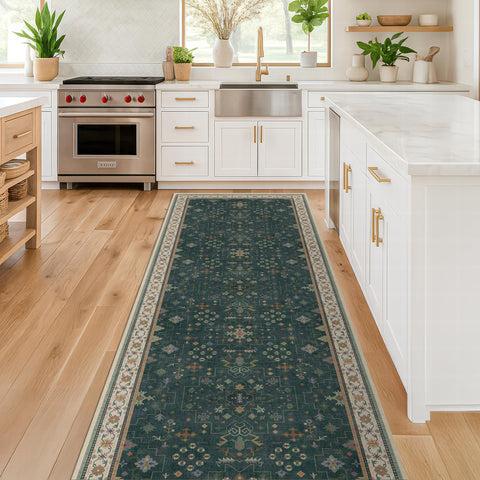 Hazo Haus dark green 2x6 rug with eclectic floral decor for entryways and durable decor.