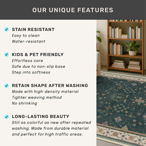 Hazo Haus vintage boho rug adds warmth to bathrooms and bedrooms.