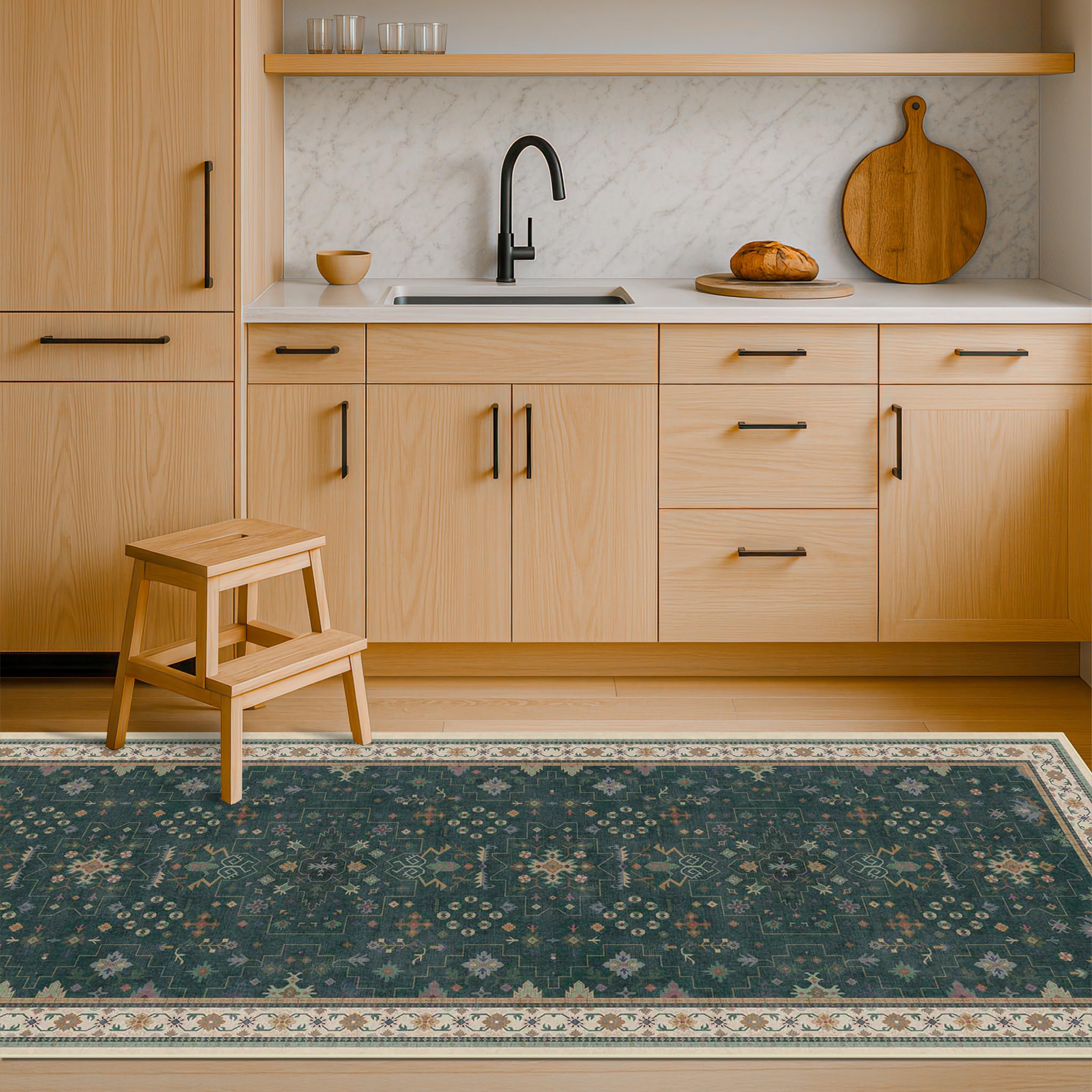 Hazo Haus brown-accent floral rug complements modern kitchens and lounges.