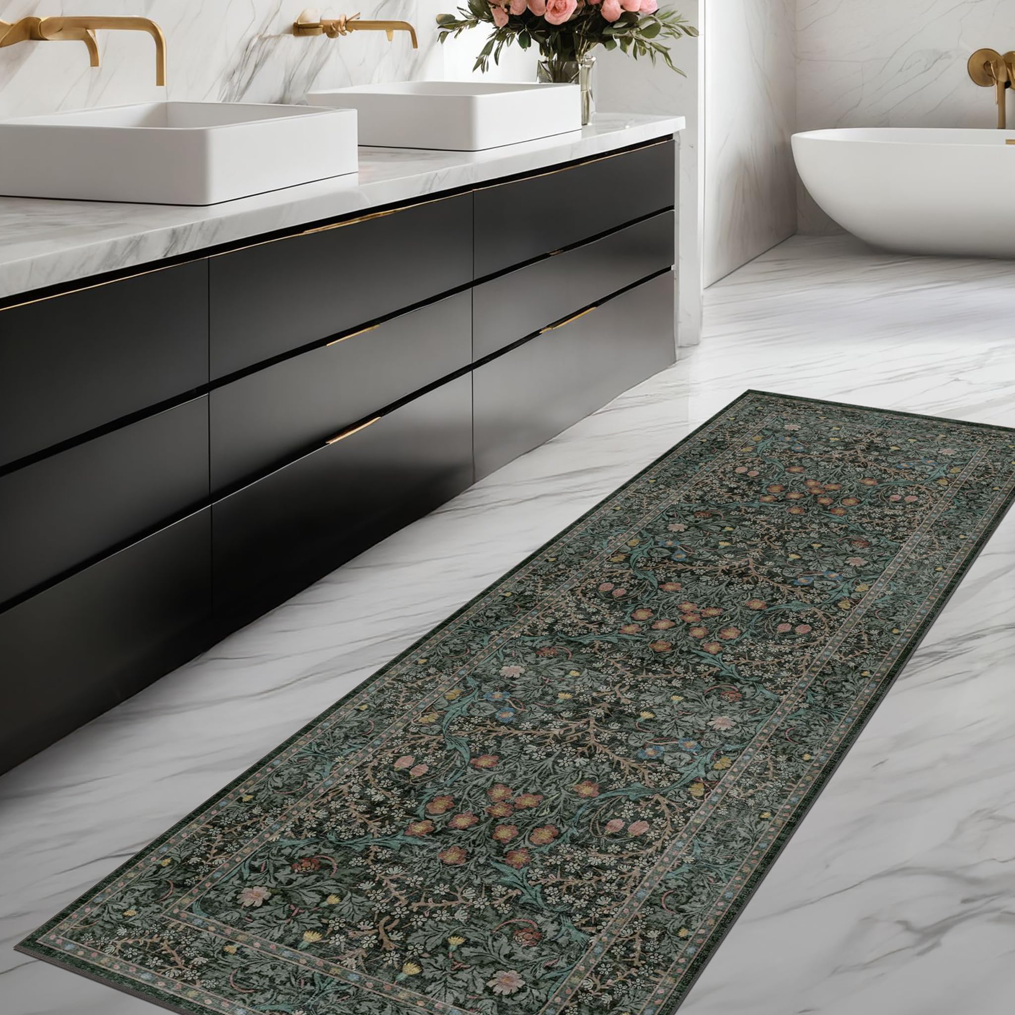 Hazo Haus dark green 2x7 runner rug adds hallway charm and vintage vibe.