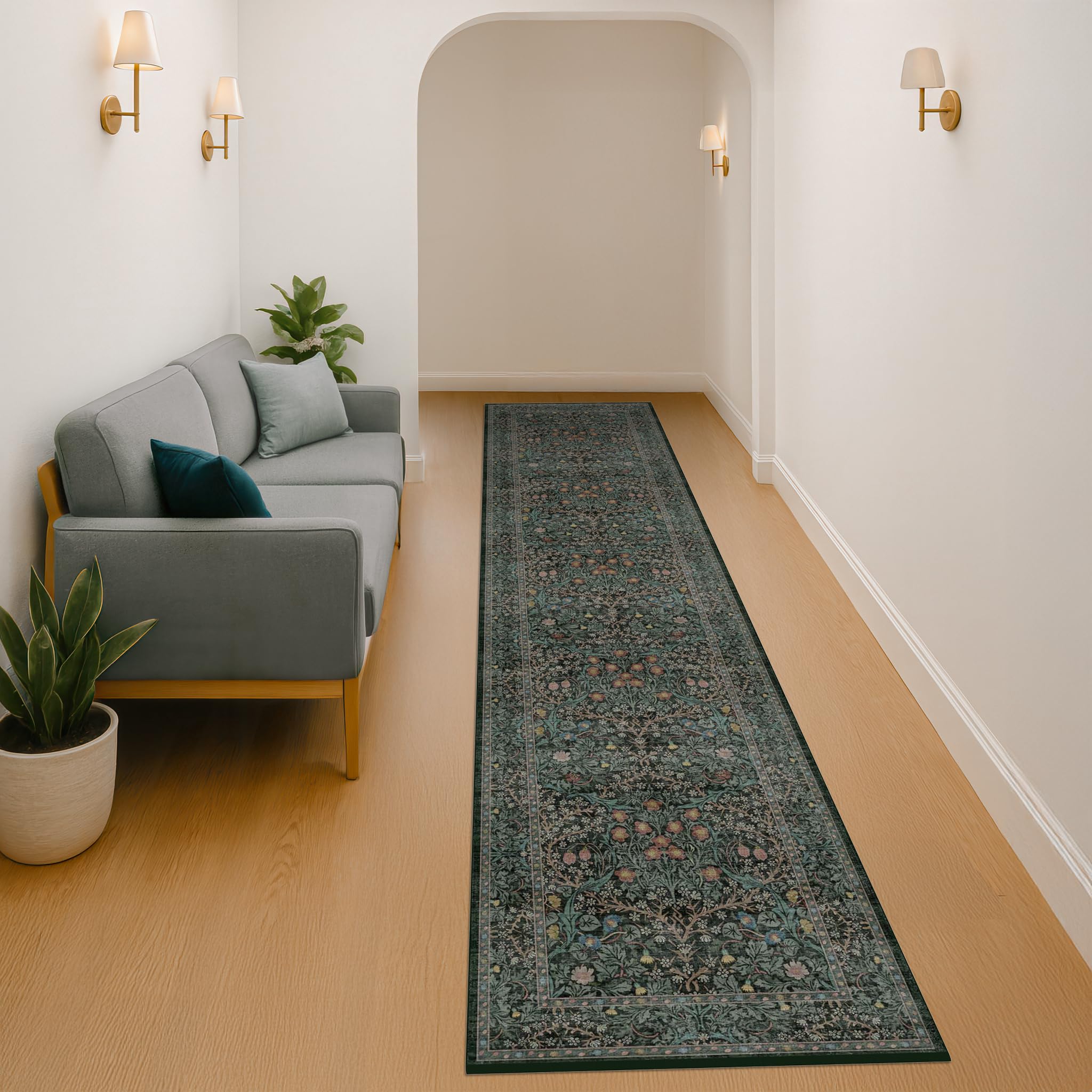 Hazo Haus dark green floral rug perfect for entryways and kitchens