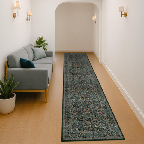 Hazo Haus dark green floral rug perfect for entryways and kitchens