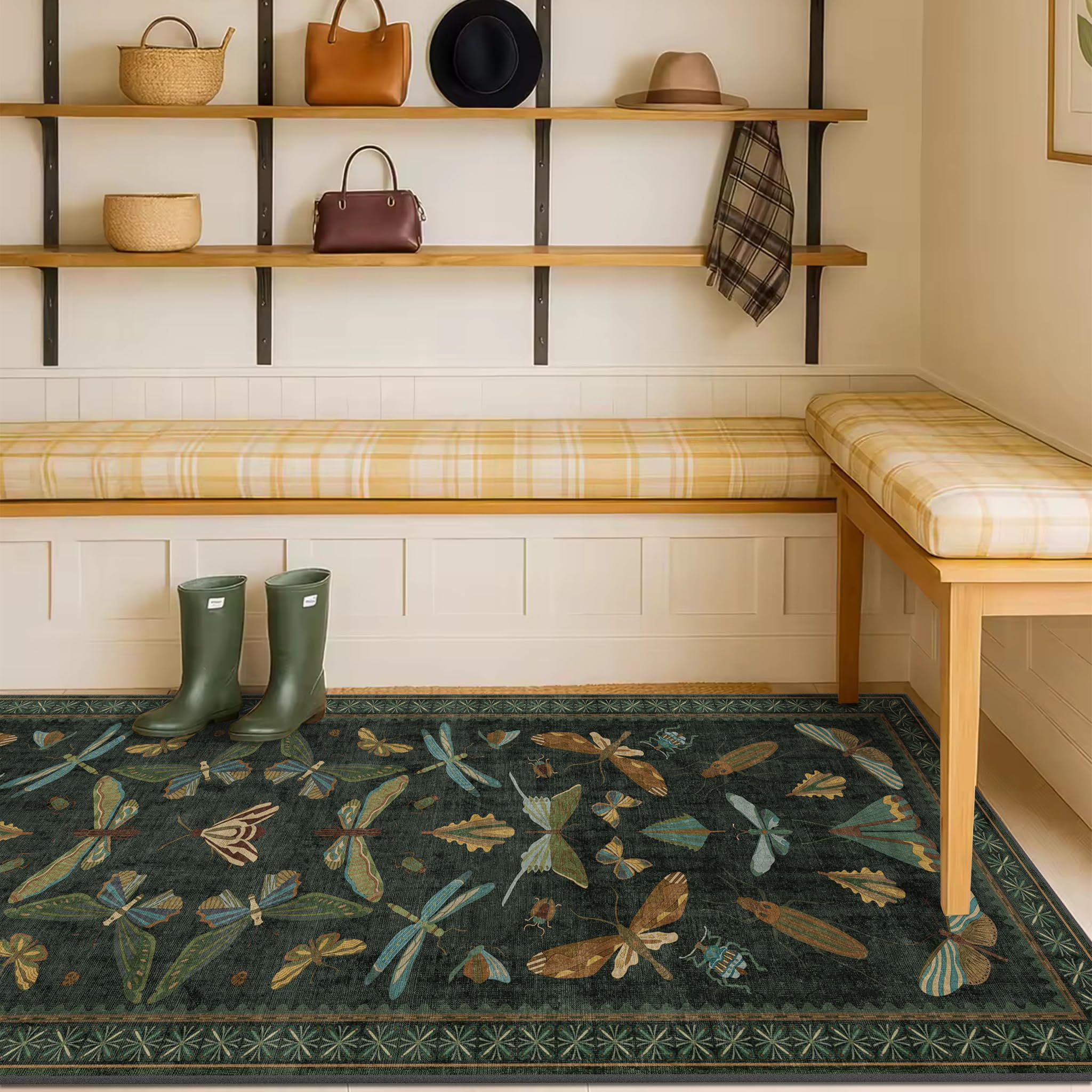 Hazo Haus dark green rug features a whimsical insect motif for focal decor.