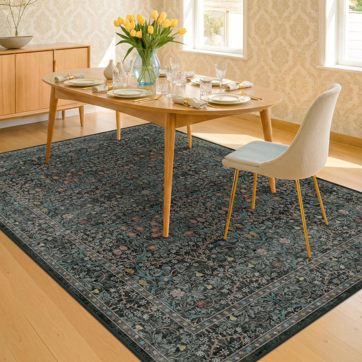 Hazo Haus dining room rug under table with non-slip backing for dining safety.