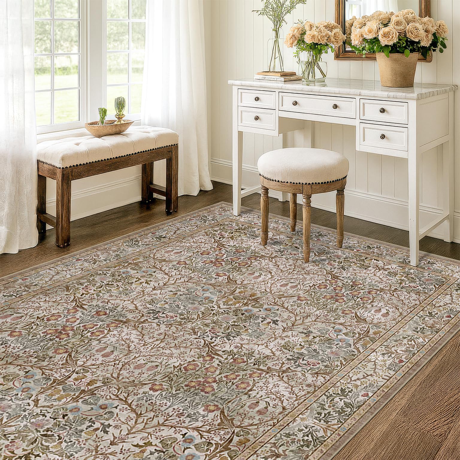 Hazo Haus Distressed Floral Pattern Rug adds vintage charm to hallways and dining areas.