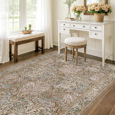 Hazo Haus Distressed Floral Pattern Rug adds vintage charm to hallways and dining areas.