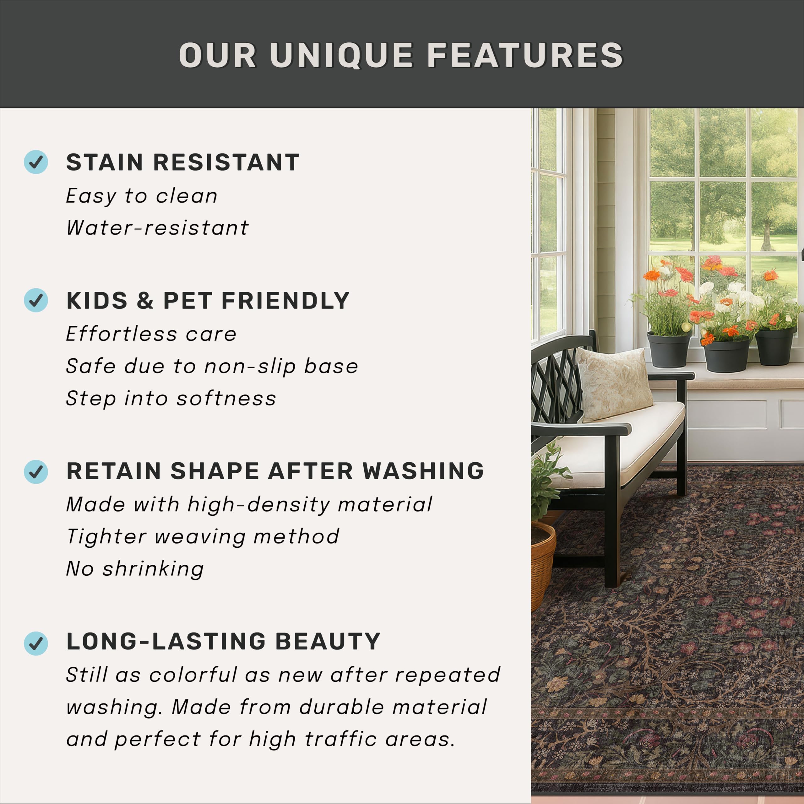 Hazo Haus Durable Daily-Use Rug withstands high traffic in living spaces.