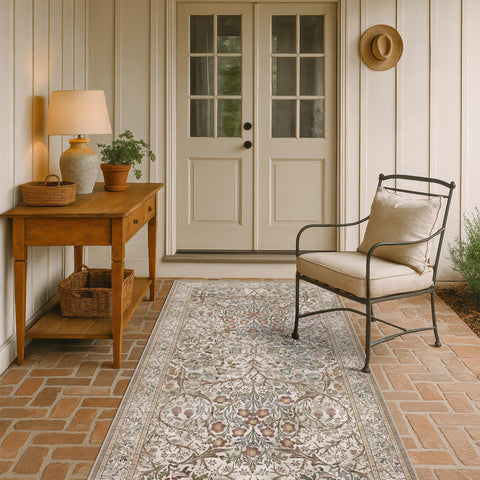 Elegant boho oriental look from Hazo Haus rug enhances bedrooms and living rooms.