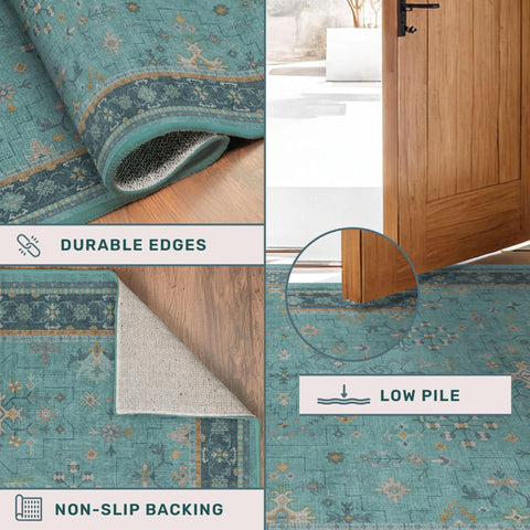 Hazo Haus low-pile hallway rug supports easy vacuuming.