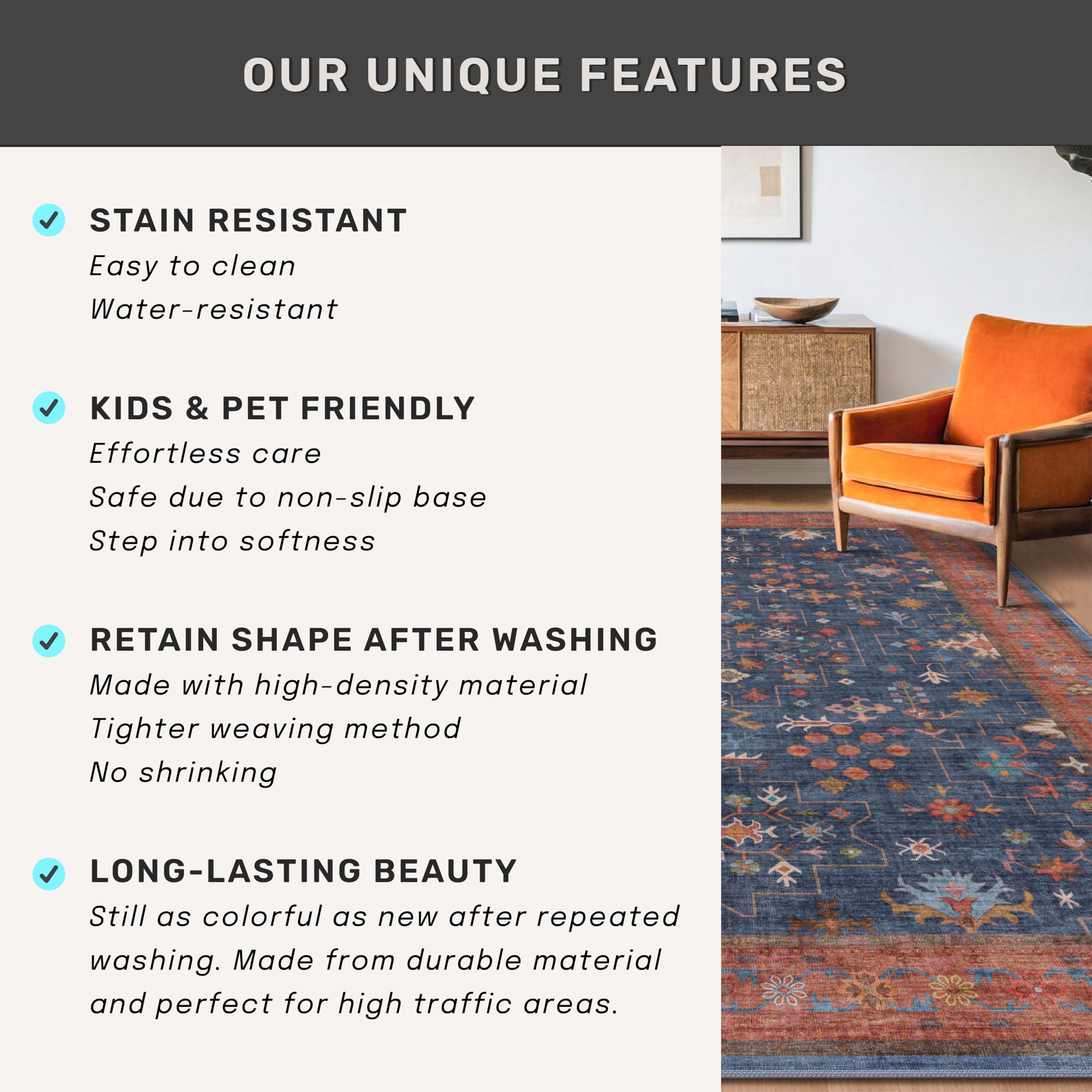 Hazo Haus kid-friendly low-pile rug resists messes and wear.