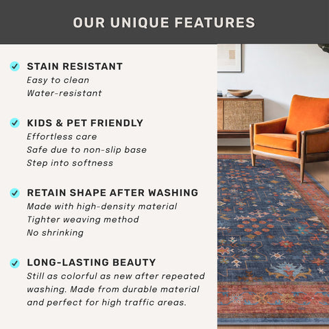 Hazo Haus kid-friendly low-pile rug resists messes and wear.