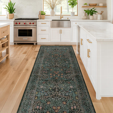 Hazo Haus rug in a kitchen/hallway setup showing versatile style and durability.