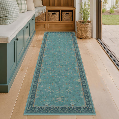Hazo Haus non-slip kitchen runner in aqua blue, ideal for busy spaces.
