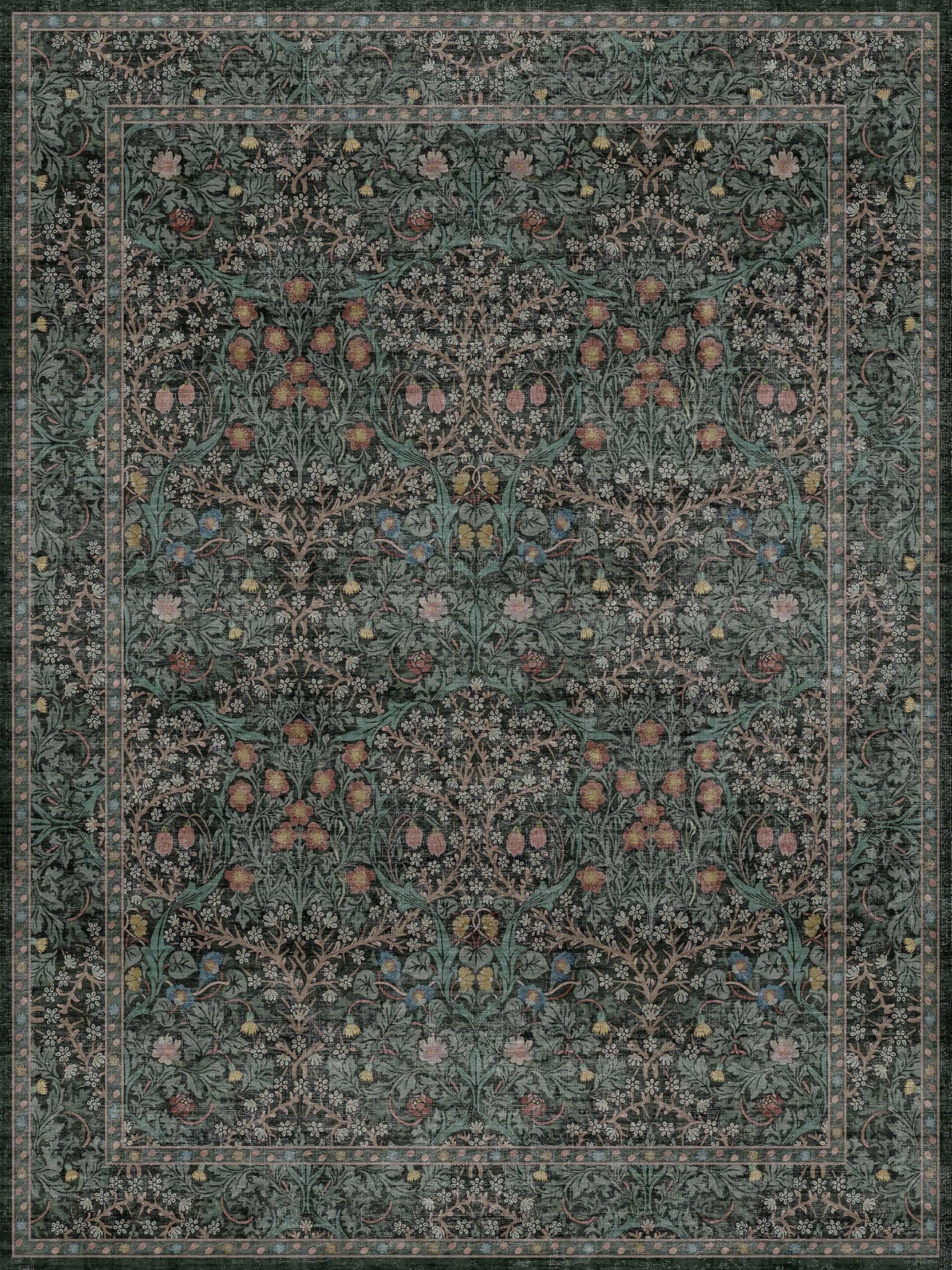 Hazo Haus living room rug in dark green, low-pile design ideal for under-table placement.