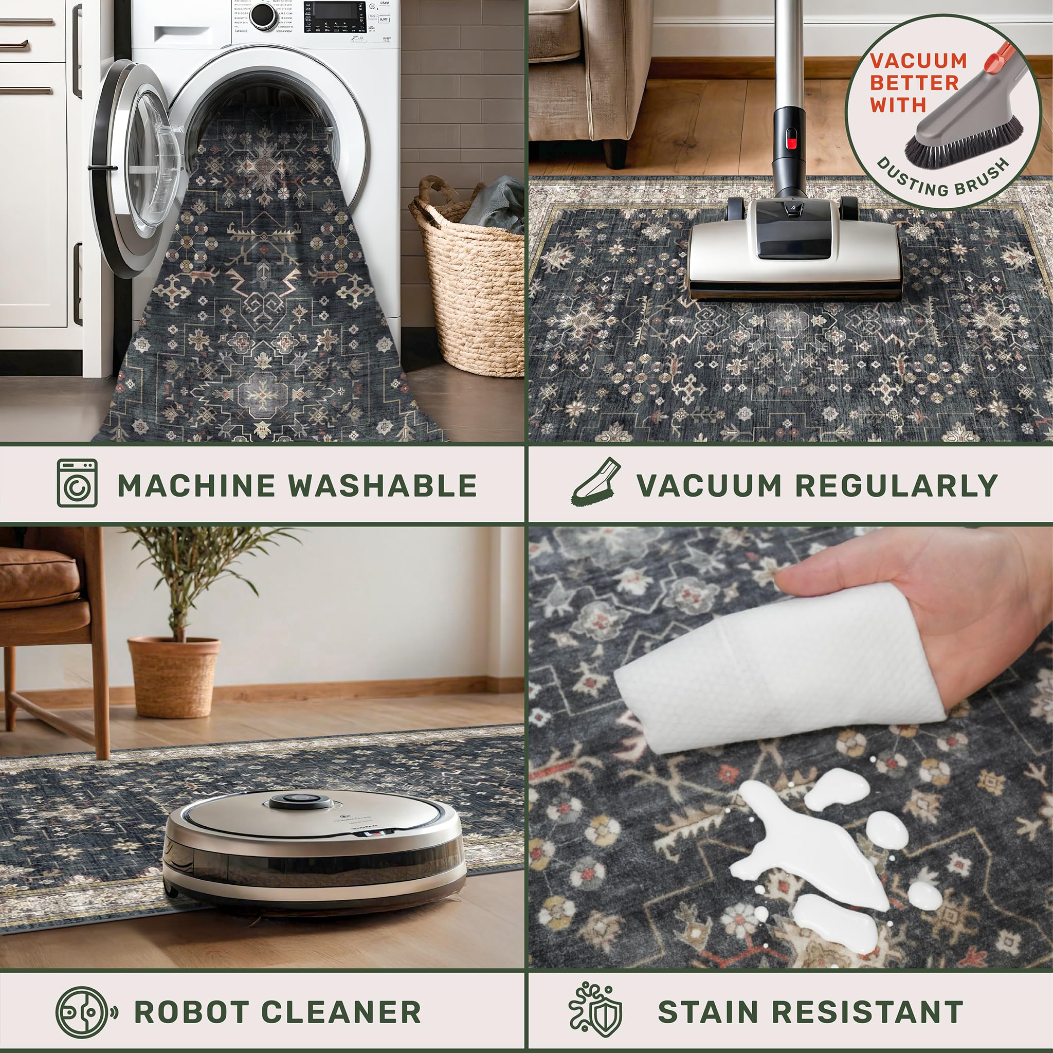 Hazo Haus low-pile rug resists dirt and pet messes in busy homes.