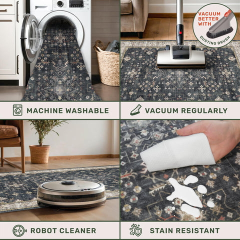 Hazo Haus low-pile rug resists dirt and pet messes in busy homes.