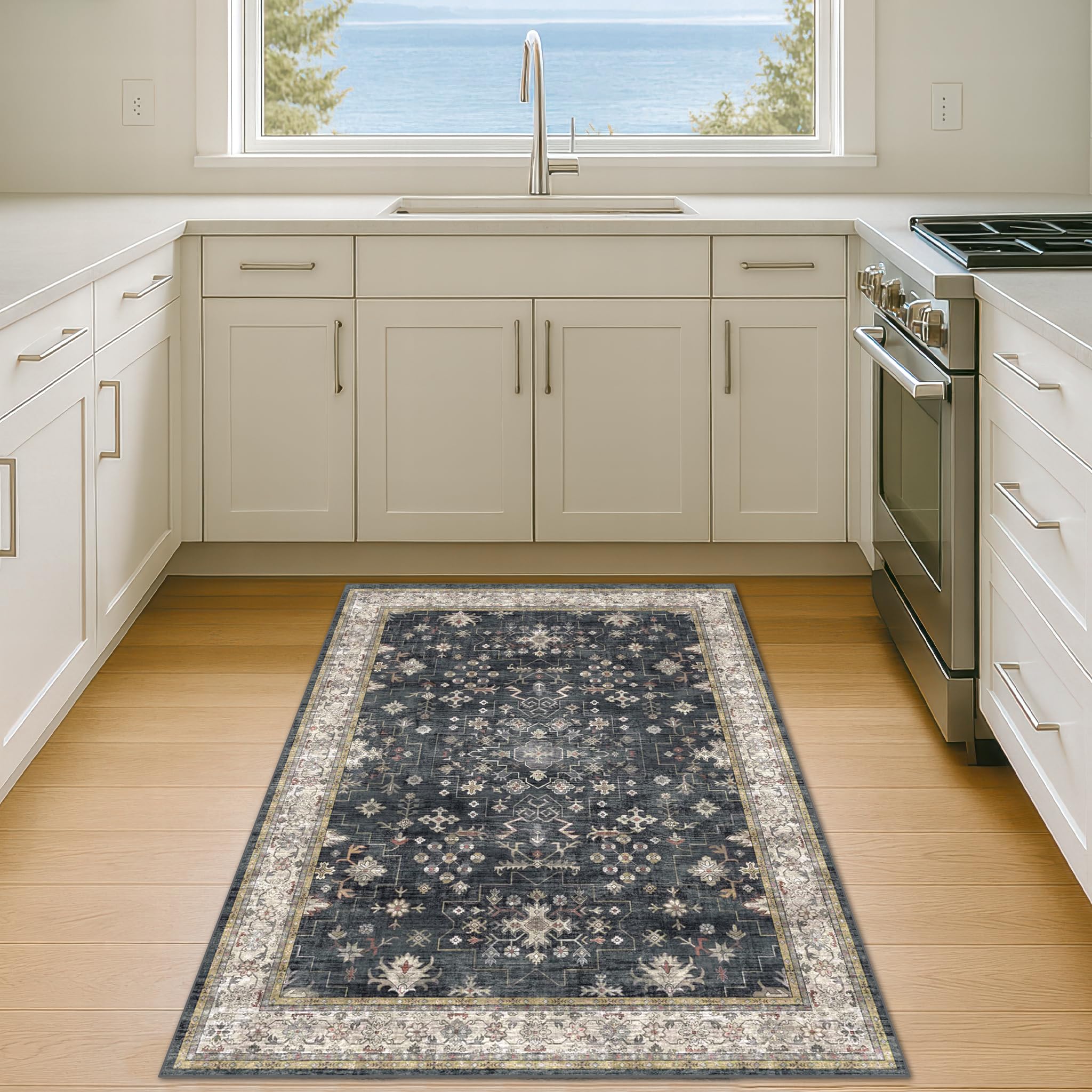 Low-pile 0-25 inch Hazo Haus entry rug suited for busy homes.