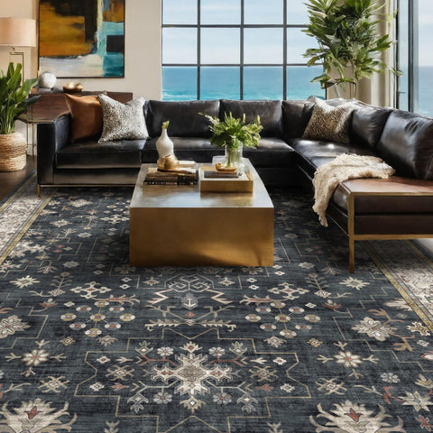 Hazo Haus low-pile rug feels comfortable underfoot for everyday dining and lounging.