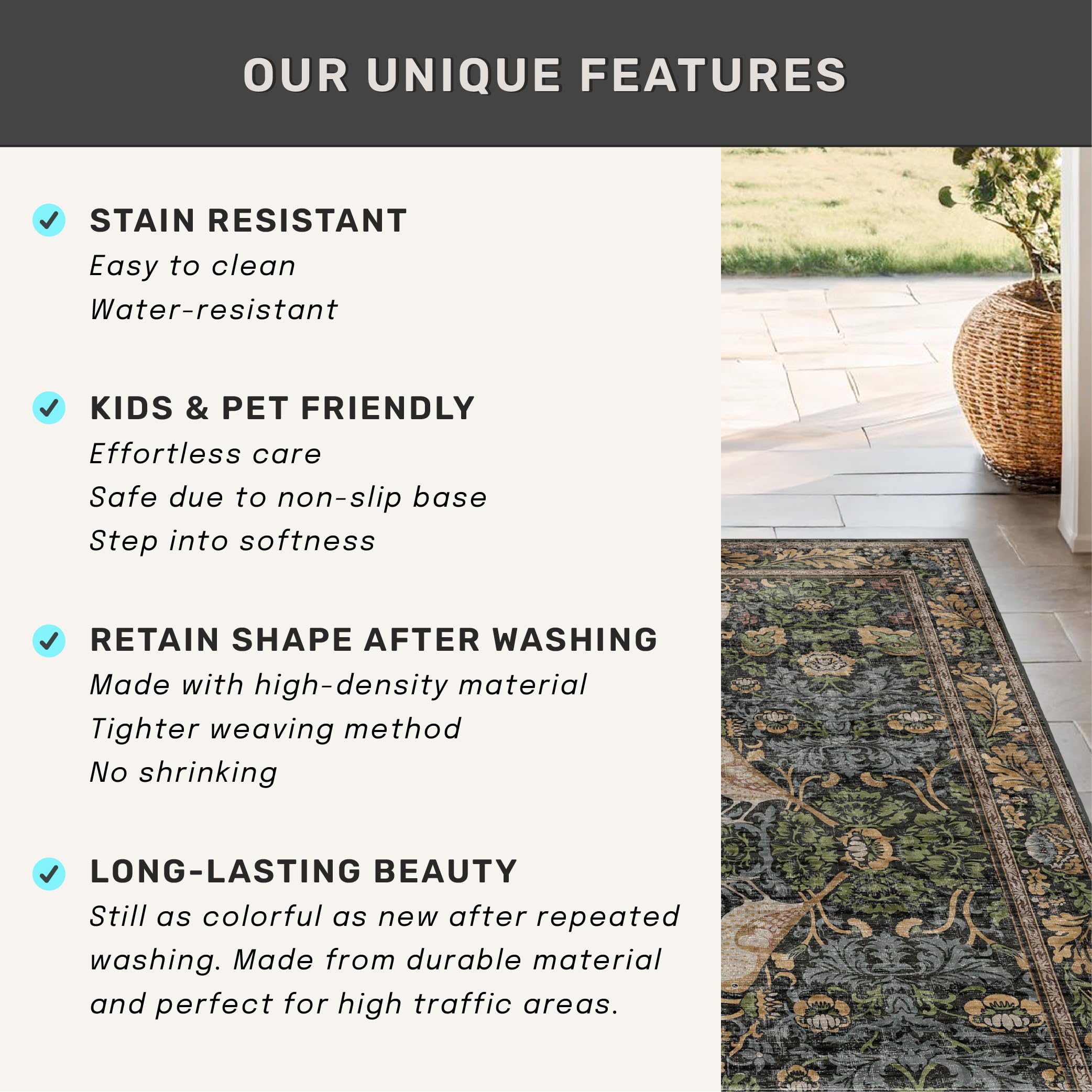 Hazo Haus washable rug simplifies cleaning with machine-wash capability.