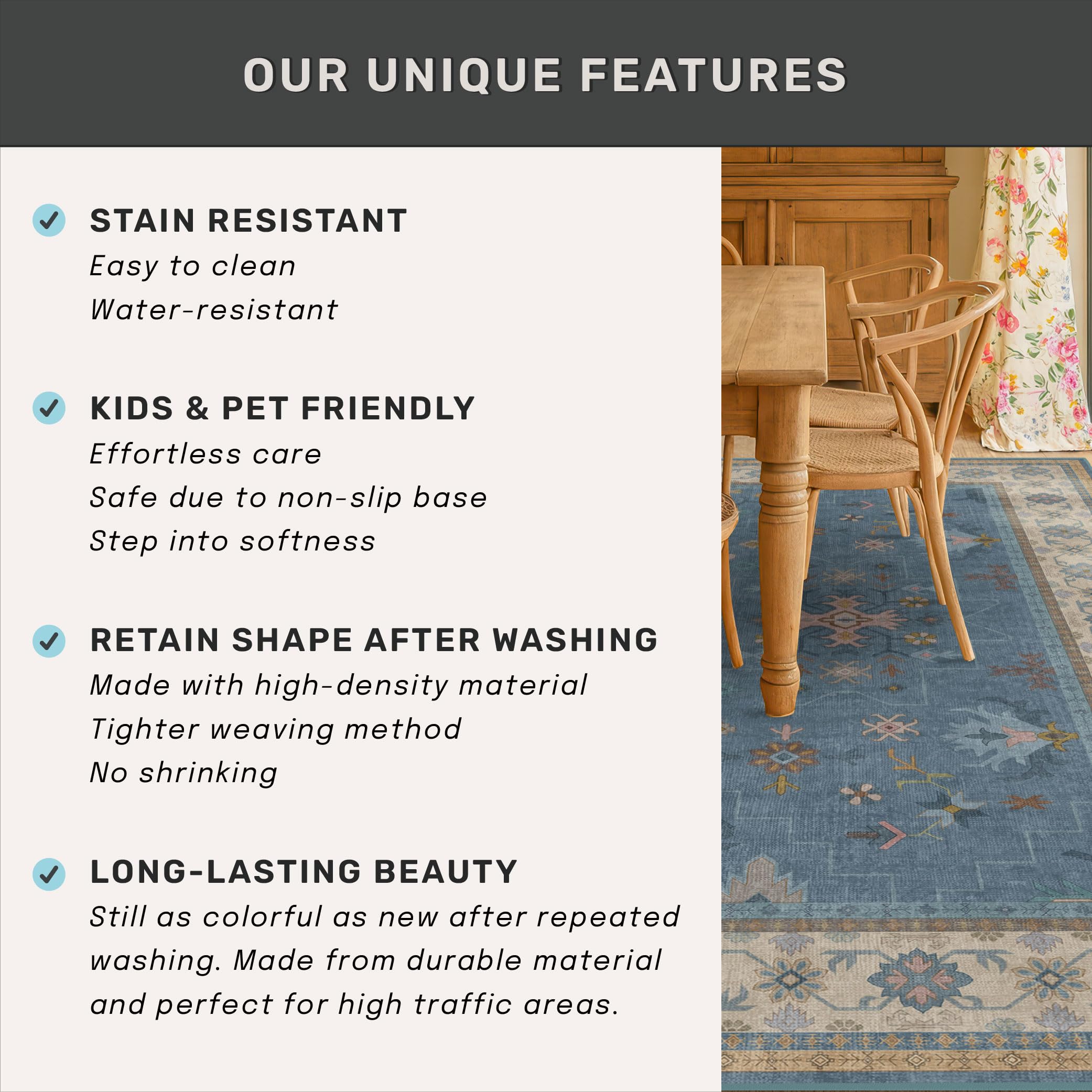 Hazo Haus machine-washable rug ready for quick refreshes.