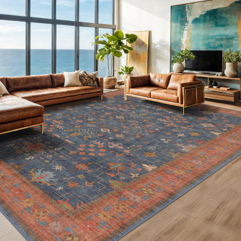 Hazo Haus navy blue rug for living room with comfortable texture and easy maintenance.