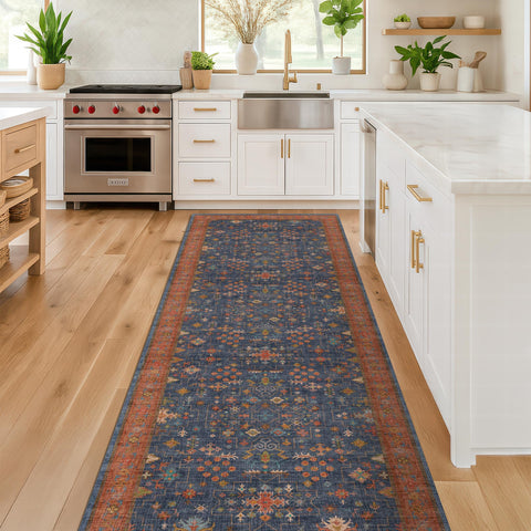Hazo Haus navy blue runner rug 2x6 with non-slip backing for kitchen safety.