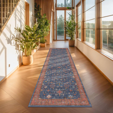 Hazo Haus navy blue runner rug hallway decor showcases timeless tribal pattern for focal spaces.