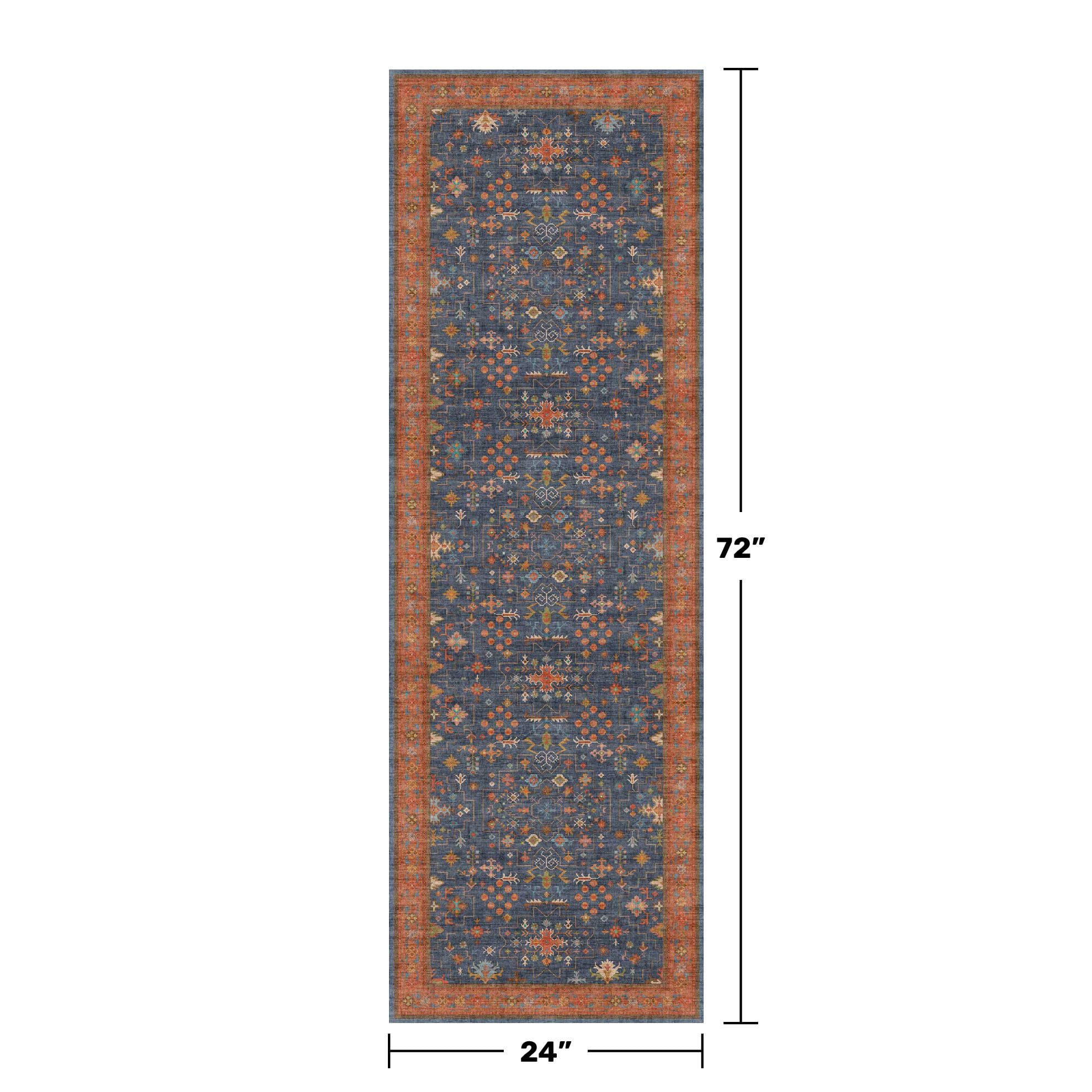 Hazo Haus navy blue runner rug kitchen-use image highlights durable low-pile design and easy cleaning.